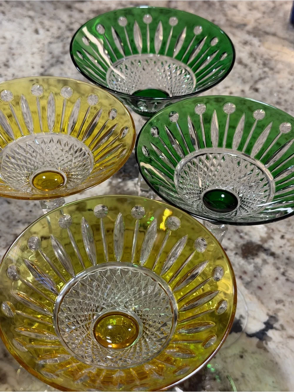 Vtg Handmade Hungarian Martini Glasses Set of 4 Emerald Green & Yellow Crystal